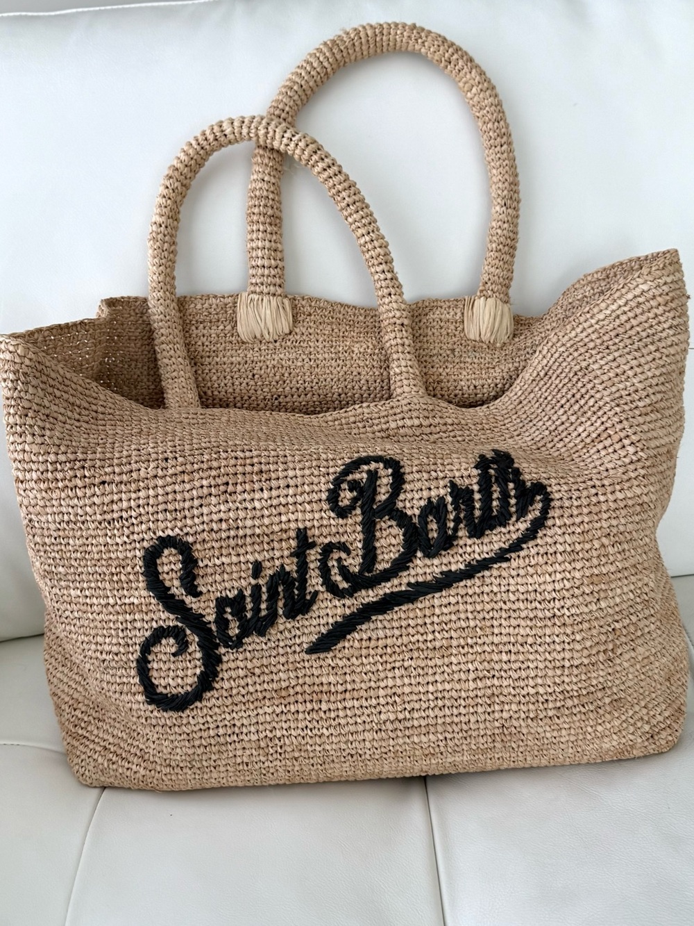 MC2 Saint Barth Woven Straw Tote Bag in Natural with Black Script